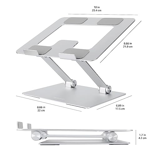 Amazon Basics Sturdy and Portable Ergonomic Laptop Stand for Desk, Height Adjustable Riser with Ventilated Cooling, Foldable, Fits all Laptops up to 17.3 Inch, Silver, 10 x 8.7 x 6 in