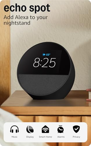 41wWcFyq6CL Amazon Echo Spot (newest model), Great for nightstands, offices and kitchens, Smart alarm clock, Designed for Alexa+, Black