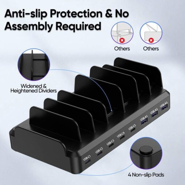 51VYQtFXV8L 300W Charging Station for Multiple Devices, 8 Port Multi USB C Fast Charger Station Dock for MacBook iPhone 17/16/15/14/13/12 Samsung Pixel Series iPad, Black (6 Mixed Short Cables Included)