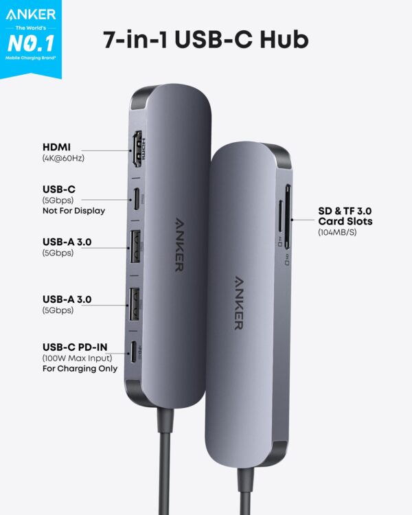 61-voU0mNUL Anker USB C Hub, 7in1 Multi-Port USB Adapter for Laptop/Mac, 4K@60Hz USB C to HDMI Splitter, 85W Max PD, 2 USB 3.0 & 1 USBC Data Ports, SD/TF Card Reader, for Type C Devices (Charger Not Included)