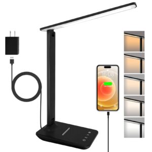 shinelife LED Desk Lamp for Office Home, Bright Desk Light with USB Charging Port, Adjustable Dimmable Desk Lamps 5 Modes 5 Brightness, Touch Study Lamp for Nail, Craft, Puzzle, Sewing, Study, Black