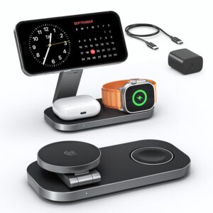 3-in-1 Charging Station for Apple Device, Qi2 25W Certified Magnetic Wireless Foldable Fast Charger Stand Compatible with MagSafe for iPhone 17e/17/16/15/14/13/12/Air Series, Apple Watch & AirPods