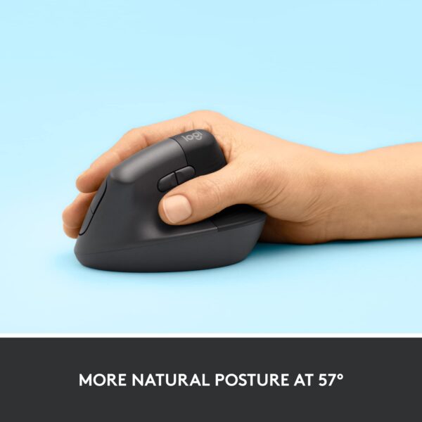 Logitech Lift Vertical Ergonomic Mouse, Wireless, Bluetooth or Logi Bolt USB Receiver, Quiet clicks, 4 Buttons, Compatible with Windows/macOS/iPadOS, Laptop, PC - Graphite