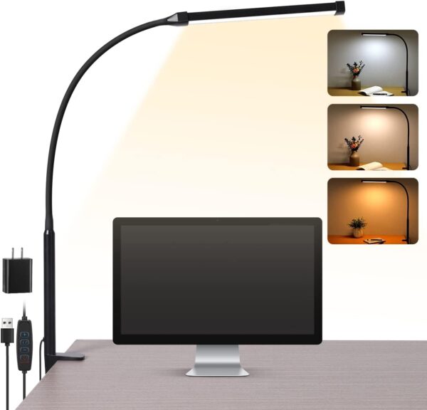 61RJ3ZzSURL Voncerus LED Desk Lamp with Clamp, Eye-Caring Clip on Lights for Home Office, 3 Modes 10 Brightness, Long Flexible Goose-Neck, Metal, Swing Arm Architect Task Table Lamps with USB Adapter, Black