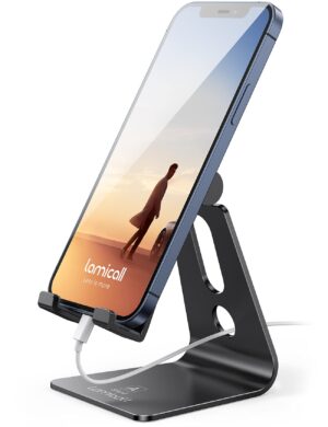 Lamicall Adjustable Cell Phone Stand, Desk Phone Holder, Cradle, Dock, Compatible with iPhone 17 16 15 14 Air Plus Pro Pro Max 13 12 X XS, 4-8" Phones, Office Accessories Gifts, All Smartphone, Black