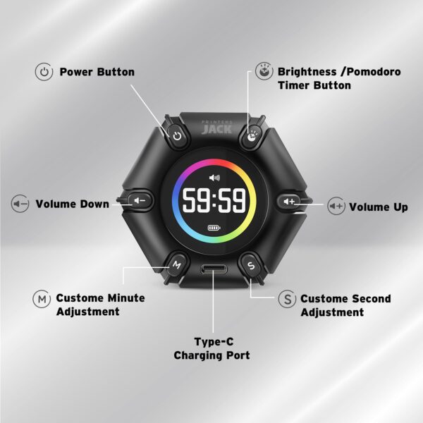 Jack Pomodoro Timer - Productivity Cube, Visual Focus Timer, Mute & Vibration & Adjustable Sound Alert, for Office, ADHD, Study, Work, 3/5/10/25/30/60min & Custom Countdown - Black