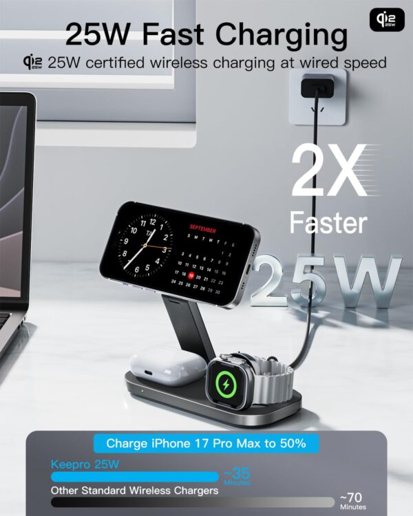 3-in-1 Charging Station for Apple Device, Qi2 25W Certified Magnetic Wireless Foldable Fast Charger Stand Compatible with MagSafe for iPhone 17e/17/16/15/14/13/12/Air Series, Apple Watch & AirPods