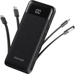 charmast Portable Charger with Built in Cables, Power Bank with Cords Wires, Slim 10000mAh Travel Battery Pack 6 Outputs 3 Inputs 3A Fast Charging for Samsung Google Pixel LG Moto iPhone iPad