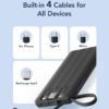 VRURC Portable Charger with Built in Cables, Slim Power Bank 10000mAh, USB C Travel Battery Pack, 5 Output 2 Input External Charging Bank for iPhone 17 16 15 14 13,Samsung,Android-Black(1 Pack)
