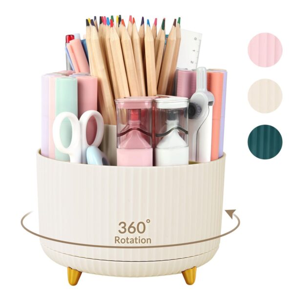 61yhHuVQp4L SKYDUE 360 Rotating Plastic Desk Pen Organizer with 5 Slots, Dual-Purpose Art Supply Pencil Cup for Office, School, Home