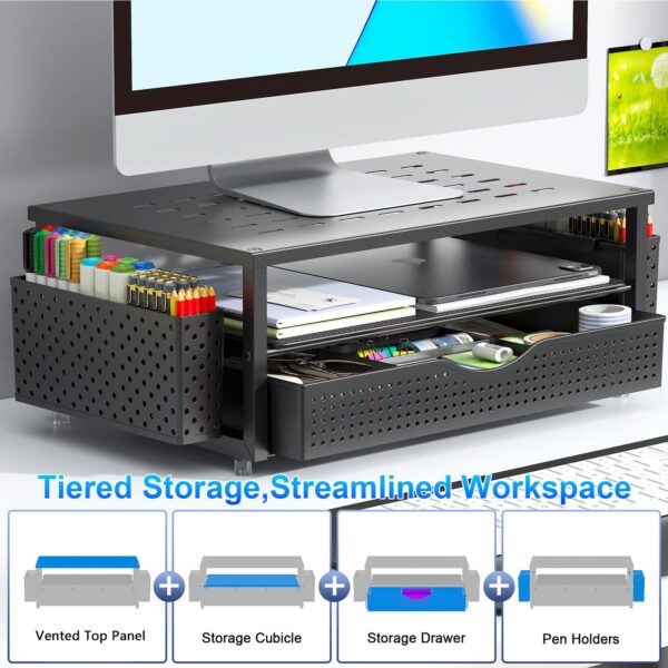 gianotter Desk Organizers and Accessories, Monitor Stand with Drawer and 2 Pen Holder, Desktop Organizer Suitable for Offices and Dormitories (Black)