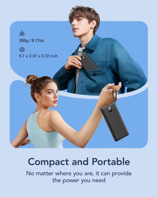 VRURC Portable Charger with Built in Cables, Slim Power Bank 10000mAh, USB C Travel Battery Pack, 5 Output 2 Input External Charging Bank for iPhone 17 16 15 14 13,Samsung,Android-Black(1 Pack)