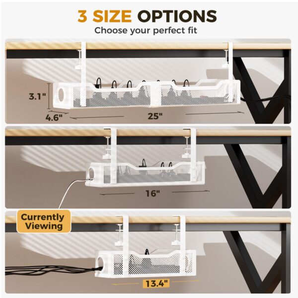 Under Desk Cable Management Tray White, Cinati Wire Organizers No Drill, Cable Tray with Clamp for Wire Management, Cord Organization Box for Office, Home - No Damage to Desk