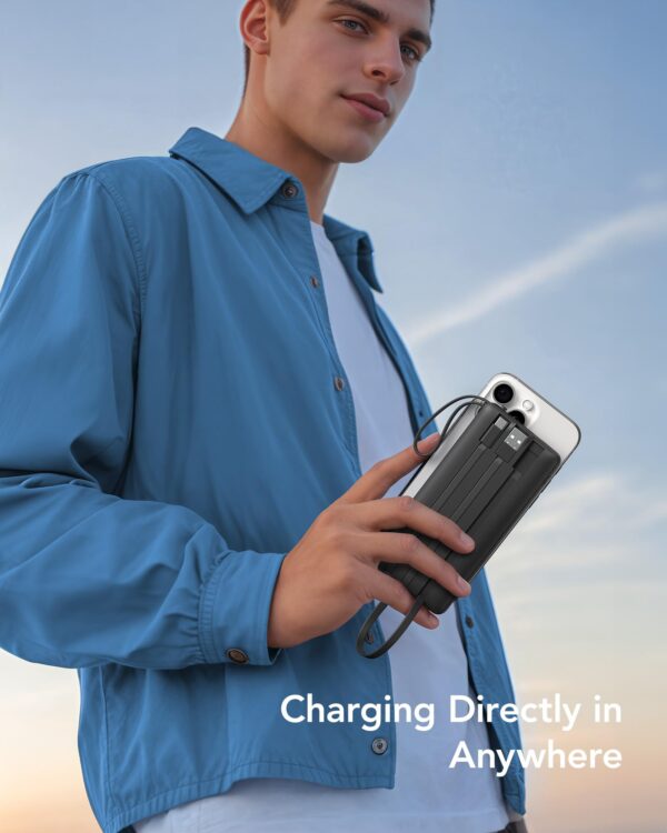 VRURC Portable Charger with Built in Cables, Slim Power Bank 10000mAh, USB C Travel Battery Pack, 5 Output 2 Input External Charging Bank for iPhone 17 16 15 14 13,Samsung,Android-Black(1 Pack)