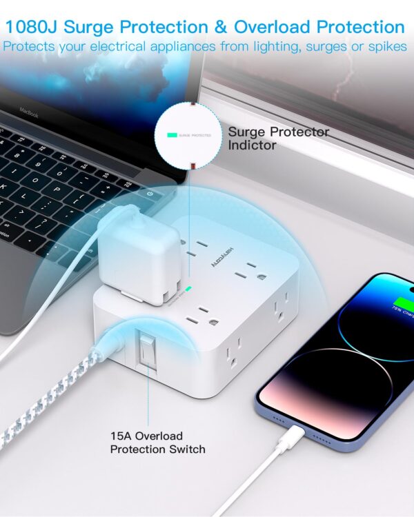 Surge Protector Power Strip - HANYCONY 8 Outlets 4 USB (2 USB C) Charging Ports, Multi Plug Outlet Extender, 5Ft Braided Extension Cord, Flat Plug Wall Mount Desk Charging Station for Home Office ETL
