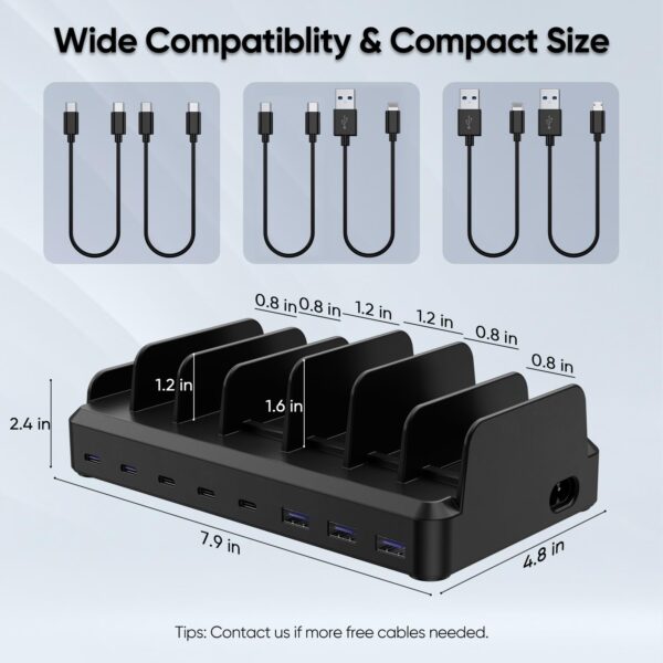 717227w2o-L 300W Charging Station for Multiple Devices, 8 Port Multi USB C Fast Charger Station Dock for MacBook iPhone 17/16/15/14/13/12 Samsung Pixel Series iPad, Black (6 Mixed Short Cables Included)