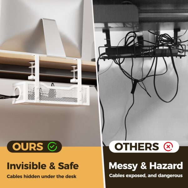 Under Desk Cable Management Tray White, Cinati Wire Organizers No Drill, Cable Tray with Clamp for Wire Management, Cord Organization Box for Office, Home - No Damage to Desk