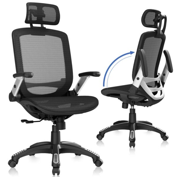 71AcTAu8-9L GABRYLLY Ergonomic Office Chair, High Back Home Desk Chair with Headrest, Flip-Up Arms, 90-120° Tilt Lock and Wide Cushion, Big and Tall Mesh Chairs for Man Woman, Black Task Chair