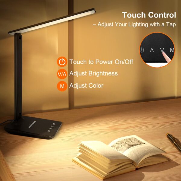 shinelife LED Desk Lamp for Office Home, Bright Desk Light with USB Charging Port, Adjustable Dimmable Desk Lamps 5 Modes 5 Brightness, Touch Study Lamp for Nail, Craft, Puzzle, Sewing, Study, Black