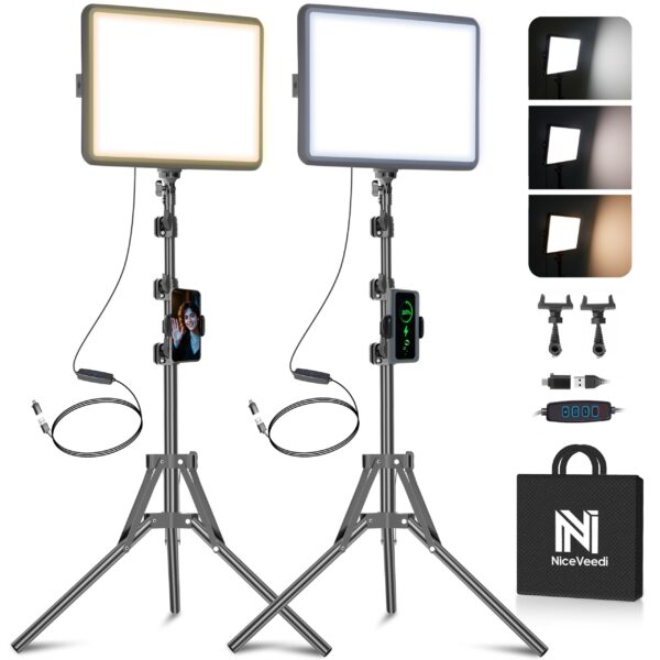 2-Pack LED Video Light Kit, NiceVeedi Studio Light, 2800-6500K Dimmable Photography Lighting Kit with Tripod Stand&Phone Holder, 73" Stream Light for Video Recording, Game Streaming, YouTube