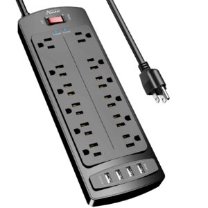 71IICpZJ1RL Power Strip, ALESTOR Surge Protector with 12 Outlets and 4 USB Ports, 6 Feet Extension Cord (1875W/15A), 2700 Joules, ETL Listed, Black
