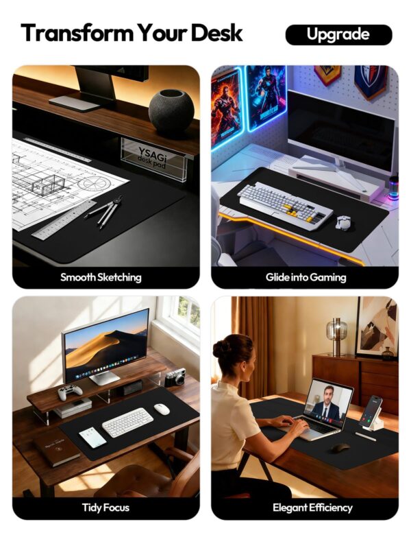 YSAGi Leather Office Desk Pad Protector, Large Mouse Pad, Non-Slip, PU Leather, Laptop Desk Blotter, Waterproof Writing Pad for Office and Home, Black, 23.6" x 13.8"