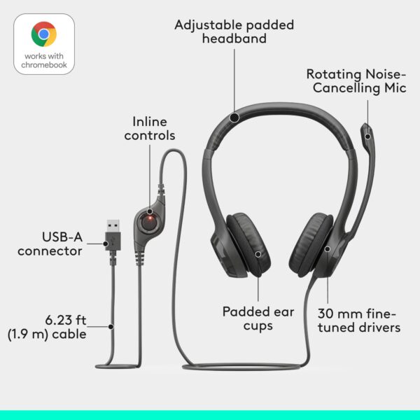 71LdXkJbYPL Logitech H390 Wired Headset for PC/Laptop, Stereo Headphones with Noise Cancelling Microphone, USB-A, in-Line Controls, Works with Chromebook - Black