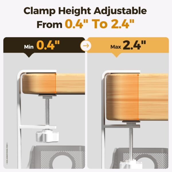 Under Desk Cable Management Tray White, Cinati Wire Organizers No Drill, Cable Tray with Clamp for Wire Management, Cord Organization Box for Office, Home - No Damage to Desk