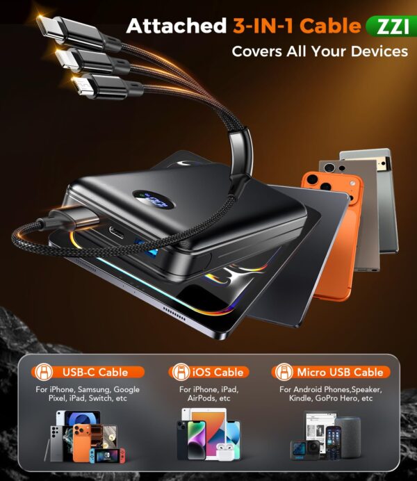 71OmMYkq2-L Portable Charger Power Bank, 60000mAh Battery Pack with 3 in 1 USB-C/iOS/Micro-USB Cable, 22.5W Fast Charging Portable Phone Charger, Travel Camping Essential Powerbank for iPhone 17/16 Samsung,Ebony