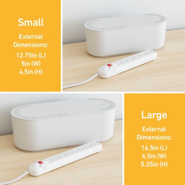 D-Line Cable Management Box, Power Strip Holder, Floor Outlet Hider, Desk Cord Organizer, Cover TV Wires, 12.75" (L) x 5" (W) x 4.5" (H), for use with Power Strips up to 10.5in Length - Small, White