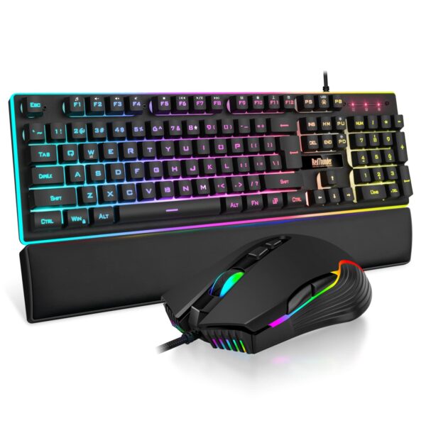 71RyPHQp6ML RedThunder K10 Wired Gaming Keyboard and Mouse and Wrist Rest Combo, RGB Backlit, Mechanical Feel Anti-ghosting Keyboard + 7D 7200 DPI Mice+Soft Leather Wrist Rest 3 in 1 PC Gamer Accessories(Black)