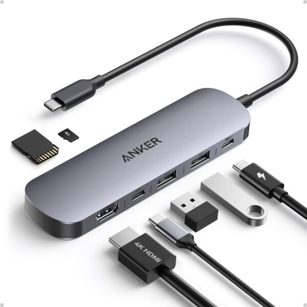 71Z9T0VgGyL Anker USB C Hub, 7in1 Multi-Port USB Adapter for Laptop/Mac, 4K@60Hz USB C to HDMI Splitter, 85W Max PD, 2 USB 3.0 & 1 USBC Data Ports, SD/TF Card Reader, for Type C Devices (Charger Not Included)