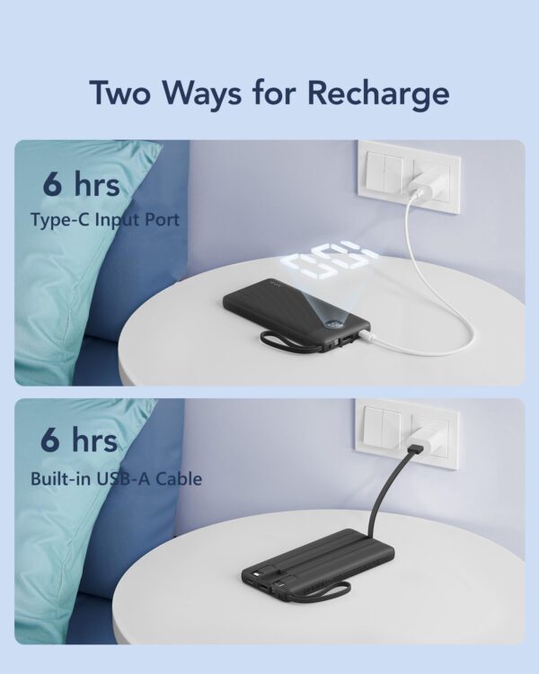 VRURC Portable Charger with Built in Cables, Slim Power Bank 10000mAh, USB C Travel Battery Pack, 5 Output 2 Input External Charging Bank for iPhone 17 16 15 14 13,Samsung,Android-Black(1 Pack)