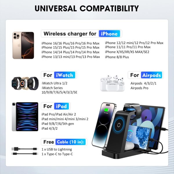 Wireless Charger for iPhone - 5 in 1 Charging Station for Multiple Devices Apple: Fast Wireless Charging Stand Dock for iPhone 17 16e 16 15 14 13 12 Pro Max Apple Watch Airpods
