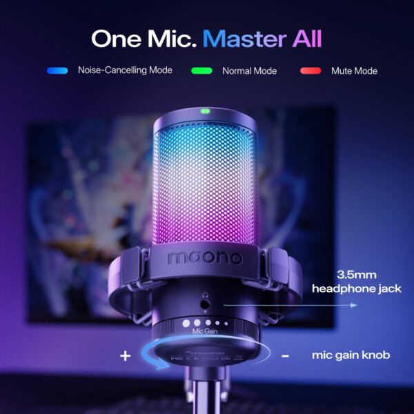 MAONO Gaming USB Microphone, Noise Cancellation Condenser Mic with Mute, Gain, Monitoring, Boom Arm Mic for Streaming, Podcast, Twitch, YouTube, Discord, PC, Computer, PS4, PS5, Mac, GamerWave DGM20S