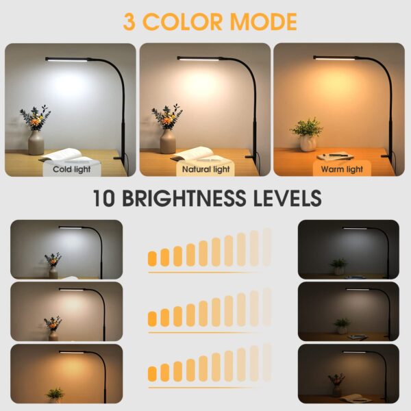 71rdz2jrbqL Voncerus LED Desk Lamp with Clamp, Eye-Caring Clip on Lights for Home Office, 3 Modes 10 Brightness, Long Flexible Goose-Neck, Metal, Swing Arm Architect Task Table Lamps with USB Adapter, Black