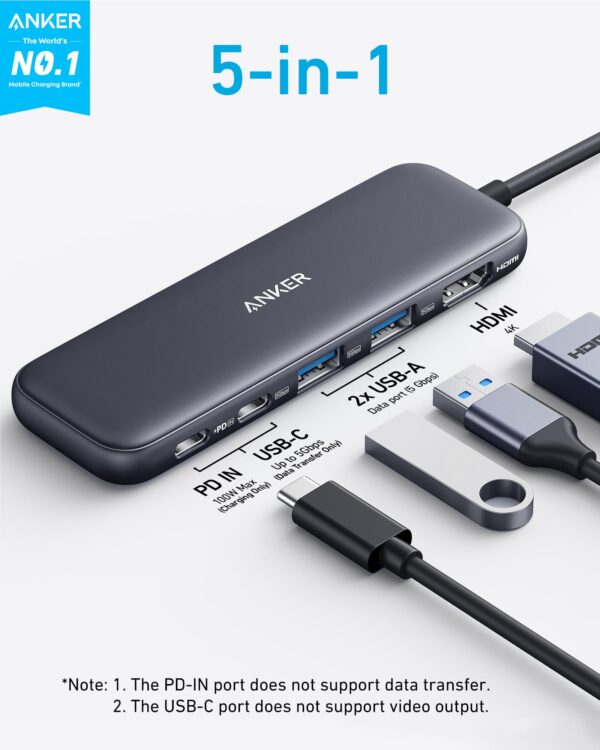 71u4FOC-AUL Anker USB C Hub, 5-in-1 USBC to HDMI Splitter with 4K Display, 1 x Powered USB-C 5Gbps & 2×Powered USB-A 3.0 5Gbps Data Ports for MacBook Pro, MacBook Air, Dell and More