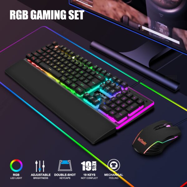 71zOALkqhiL RedThunder K10 Wired Gaming Keyboard and Mouse and Wrist Rest Combo, RGB Backlit, Mechanical Feel Anti-ghosting Keyboard + 7D 7200 DPI Mice+Soft Leather Wrist Rest 3 in 1 PC Gamer Accessories(Black)