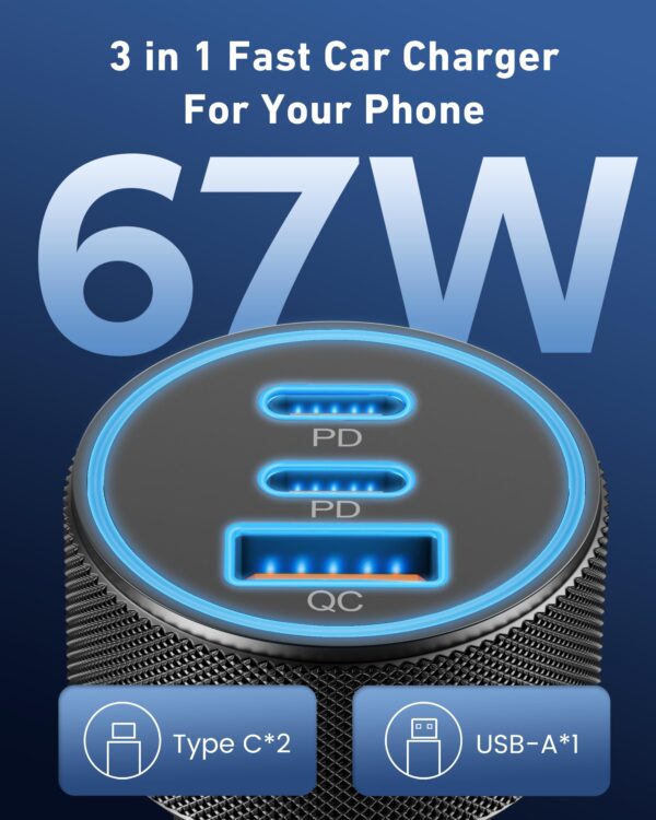 81LQs63ftyL 67W 3-Port Super Fast Type C Car Charger USB C for Samsung Galaxy S26 S25 S24 S23 S22 Ultra, iPhone 17/Air/16/15 Pro Max, Android, PD/QC Car Phone Adapter Accessories for Men Women + 3FT USB-C Cable