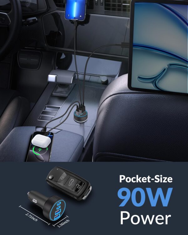 [4 in 1] USB C Car Charger, 4-Port 90W Super Fast Charging Cigarette Lighter Adapter, Dual 45W USBC & USB-A Multiport Car Phone Charger Accessories for iPhone 17 16 15 14 13 12, iPad, Galaxy, Tablet