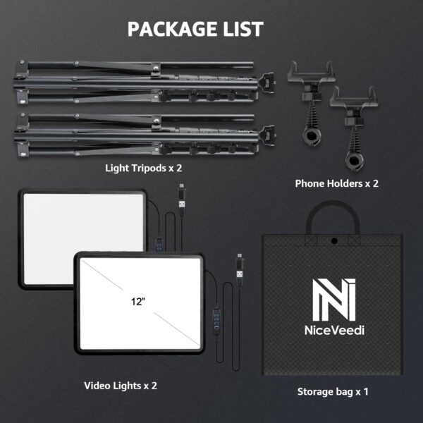 2-Pack LED Video Light Kit, NiceVeedi Studio Light, 2800-6500K Dimmable Photography Lighting Kit with Tripod Stand&Phone Holder, 73" Stream Light for Video Recording, Game Streaming, YouTube