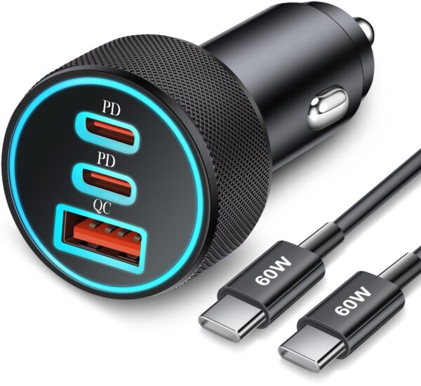 81hgwcha9ZL 67W 3-Port Super Fast Type C Car Charger USB C for Samsung Galaxy S26 S25 S24 S23 S22 Ultra, iPhone 17/Air/16/15 Pro Max, Android, PD/QC Car Phone Adapter Accessories for Men Women + 3FT USB-C Cable