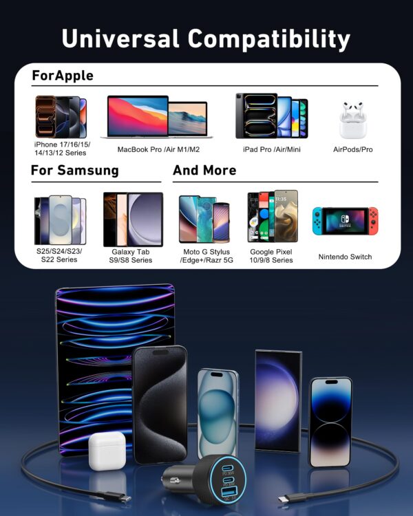 81lhBmvdKKL 67W 3-Port Super Fast Type C Car Charger USB C for Samsung Galaxy S26 S25 S24 S23 S22 Ultra, iPhone 17/Air/16/15 Pro Max, Android, PD/QC Car Phone Adapter Accessories for Men Women + 3FT USB-C Cable