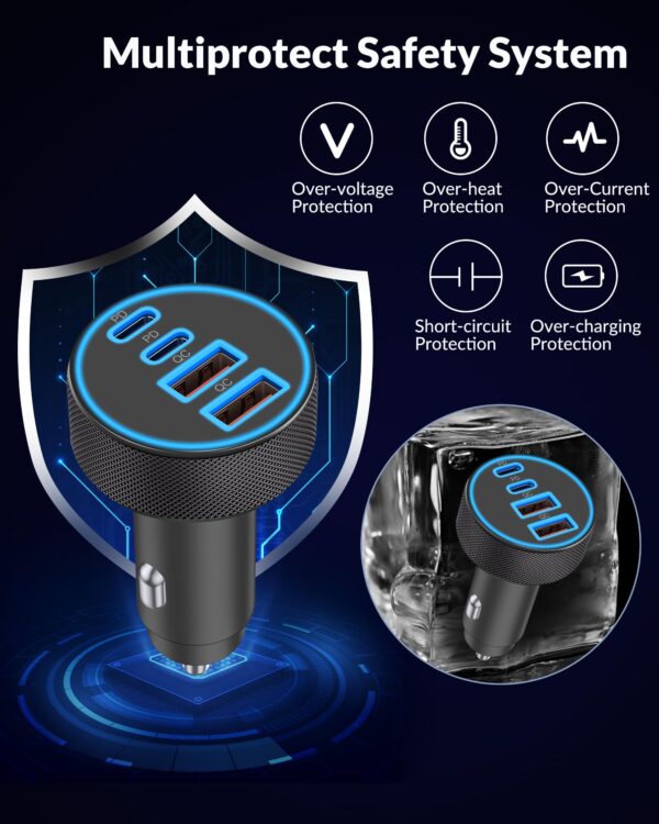 [4 in 1] USB C Car Charger, 4-Port 90W Super Fast Charging Cigarette Lighter Adapter, Dual 45W USBC & USB-A Multiport Car Phone Charger Accessories for iPhone 17 16 15 14 13 12, iPad, Galaxy, Tablet